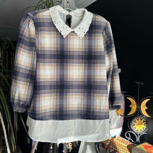 Faith and Joy Navy White Plaid Detail Collar Cottage Blouse M